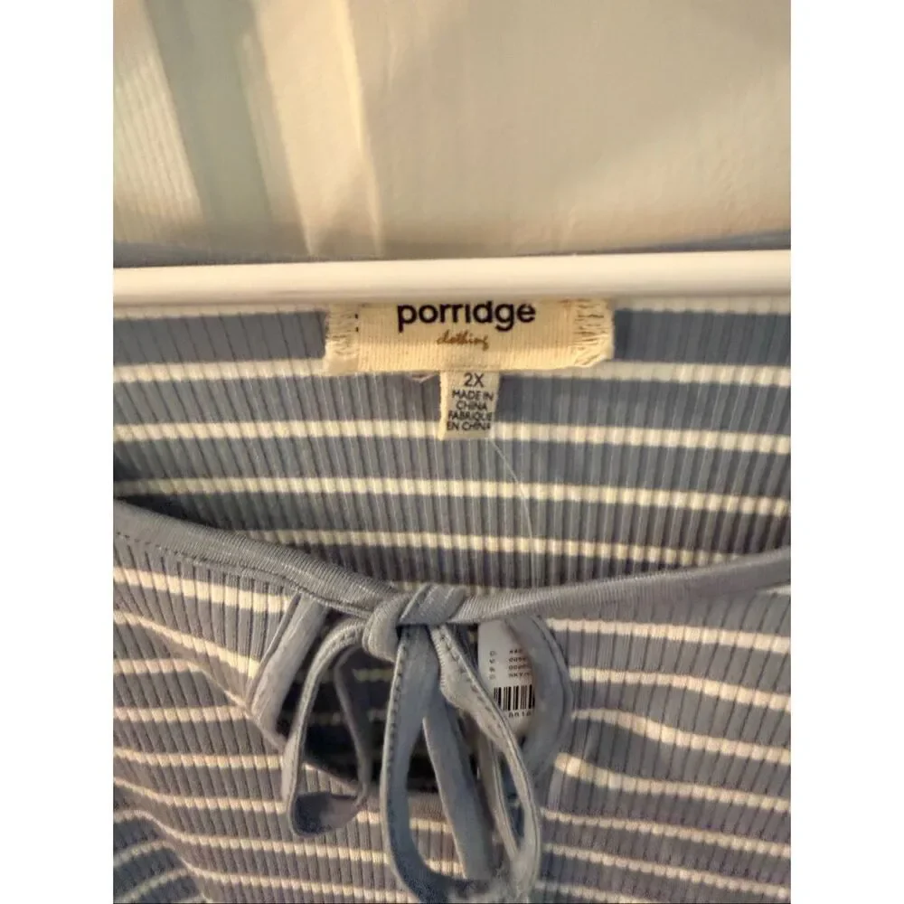 Anthropologie Porridge Blue/Gray Stripe Keyhole Puff Sleeve Top sz 2X NWT